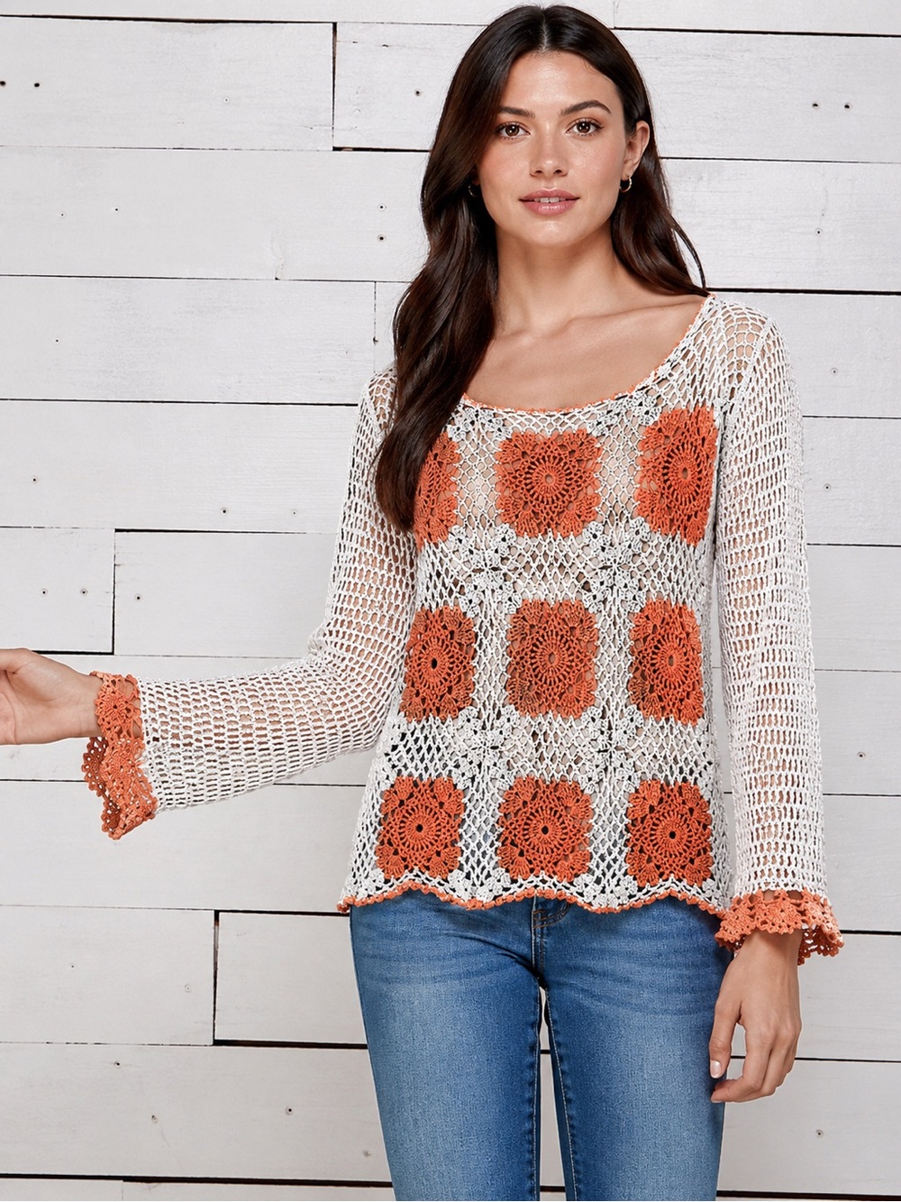 Boho Crochet Tunic Cover Up White Peach Floral Open Knit Bell Sleeve Beach Top